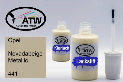 Opel, Nevadabeige Metallic, 441: 20ml Lackstift + 20ml Klarlack - Set, von ATW Autoteile West.